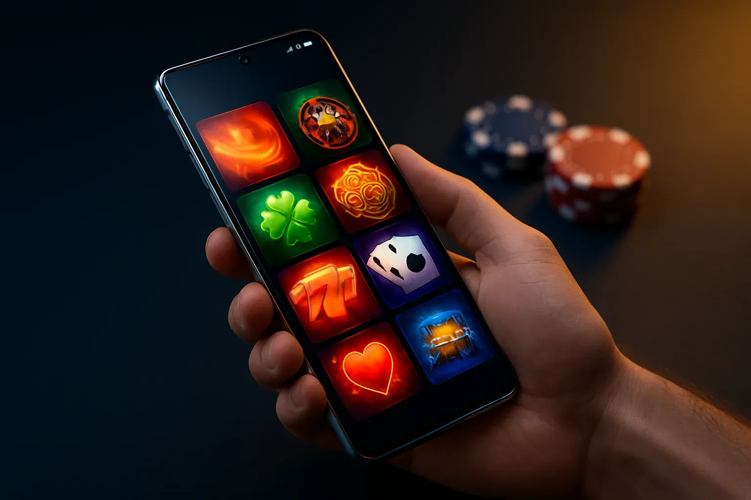 Flagship Android smartphone displaying vivid premium casino app interface