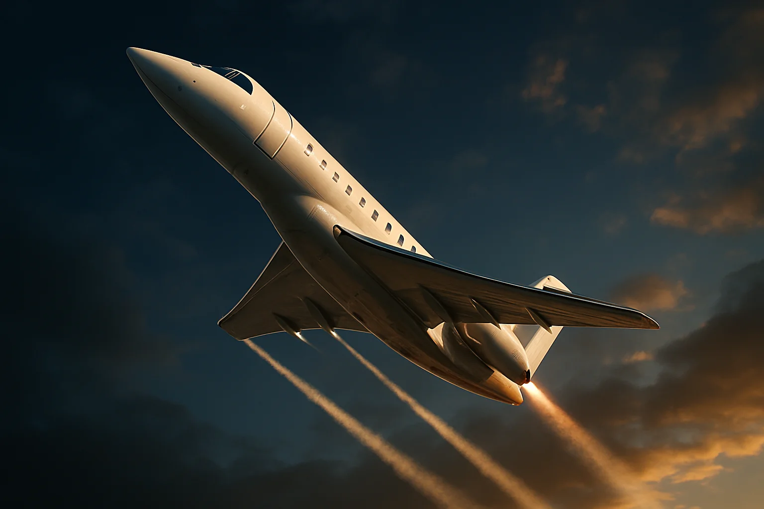 Hyperrealistic white jet aircraft climbing steeply in deep blue sky