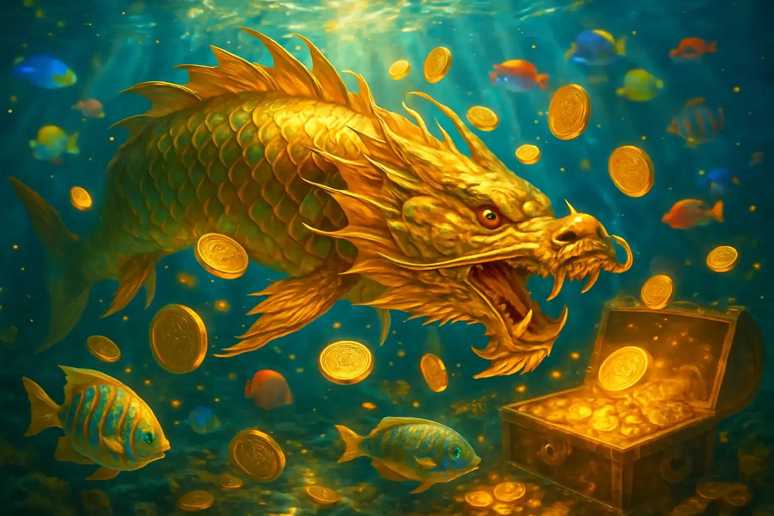 Massive golden dragon fish underwater with glowing coins and treasure