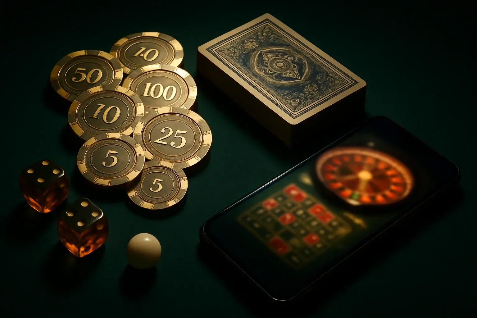 Top-down casino table with gold chips, cards, dice, roulette ball, smartphone