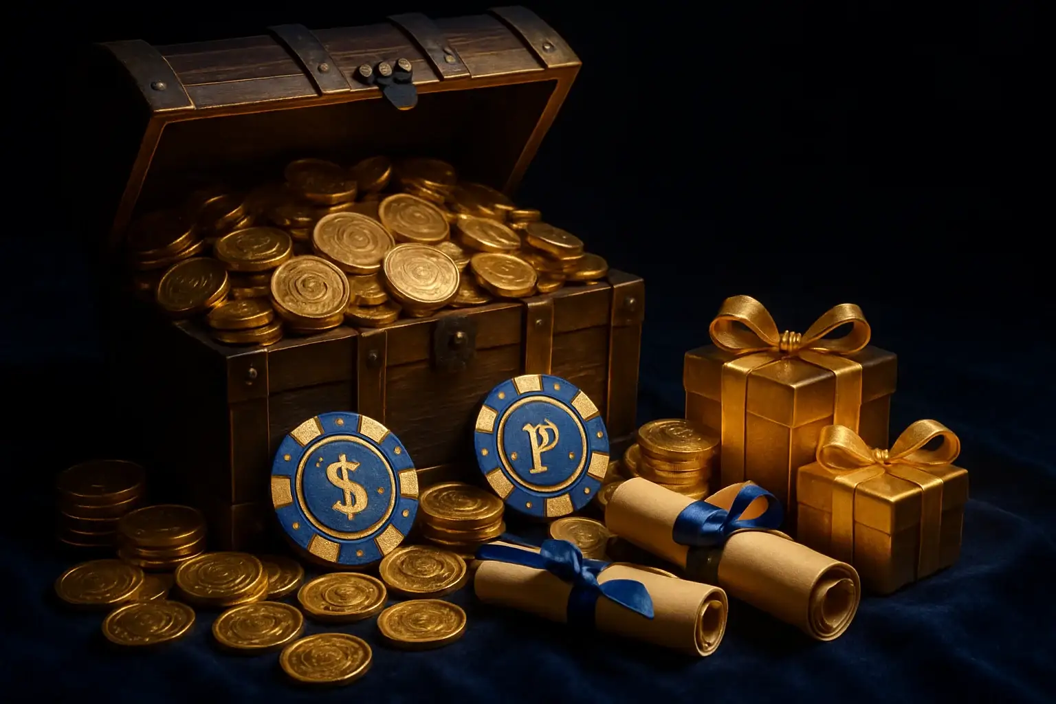 Overflowing treasure chest with gold coins, casino chips, vouchers, and gift boxes