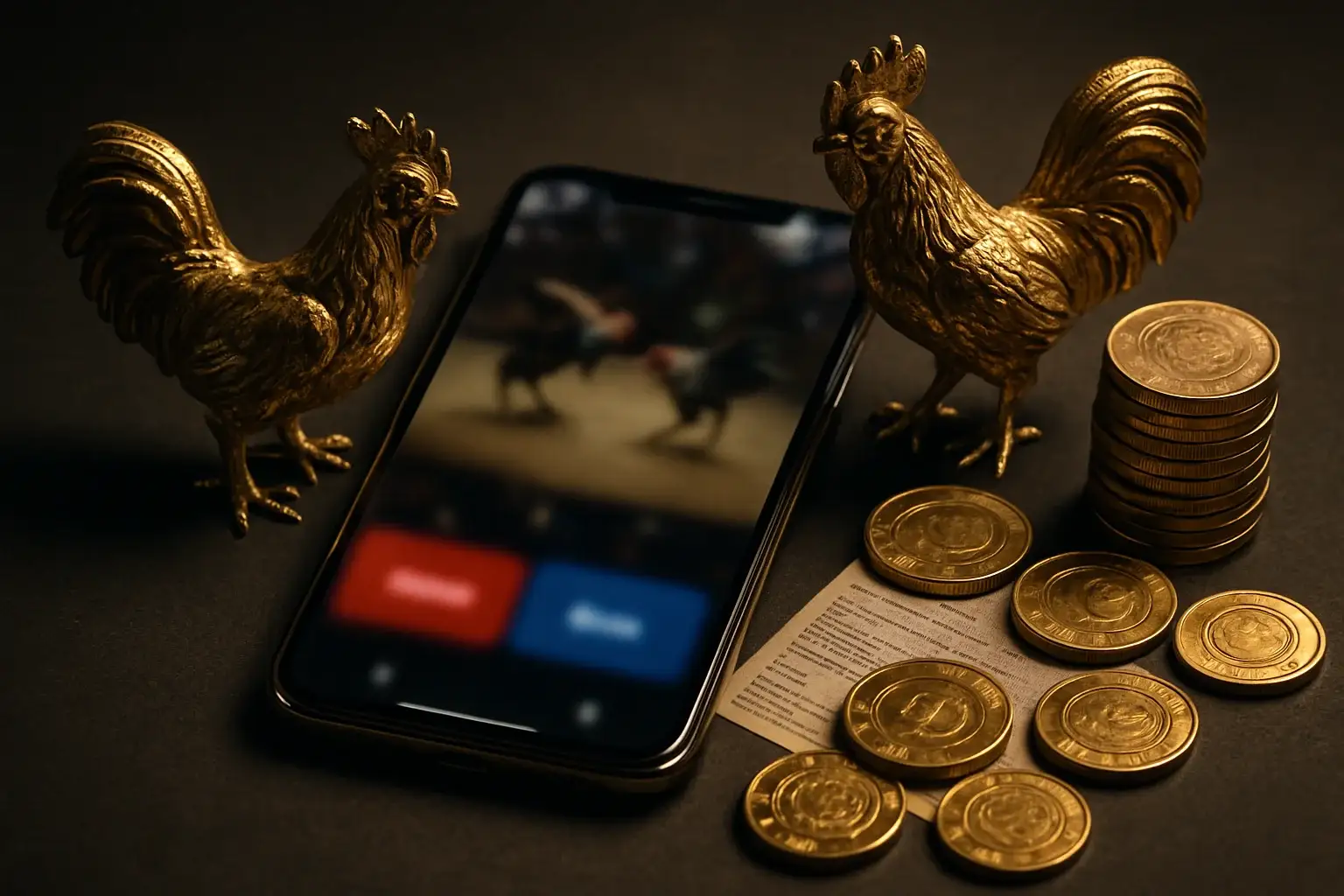 Smartphone with sabong betting interface, golden roosters, coins, and chips