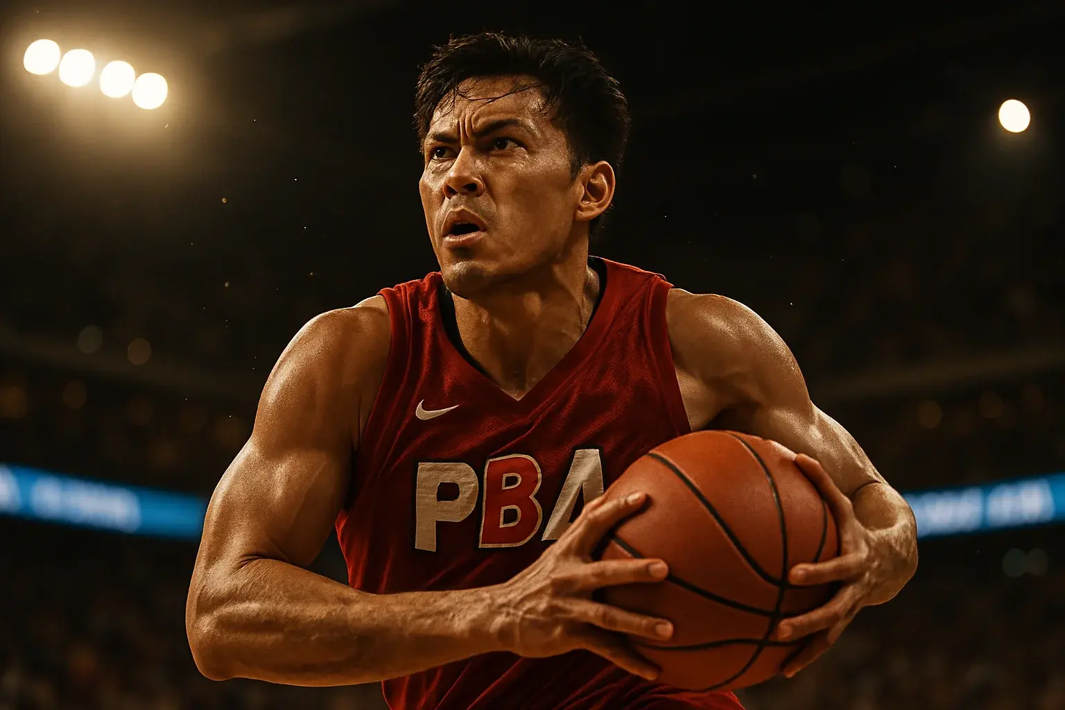 Filipino PBA basketball player driving mid-air toward the basket